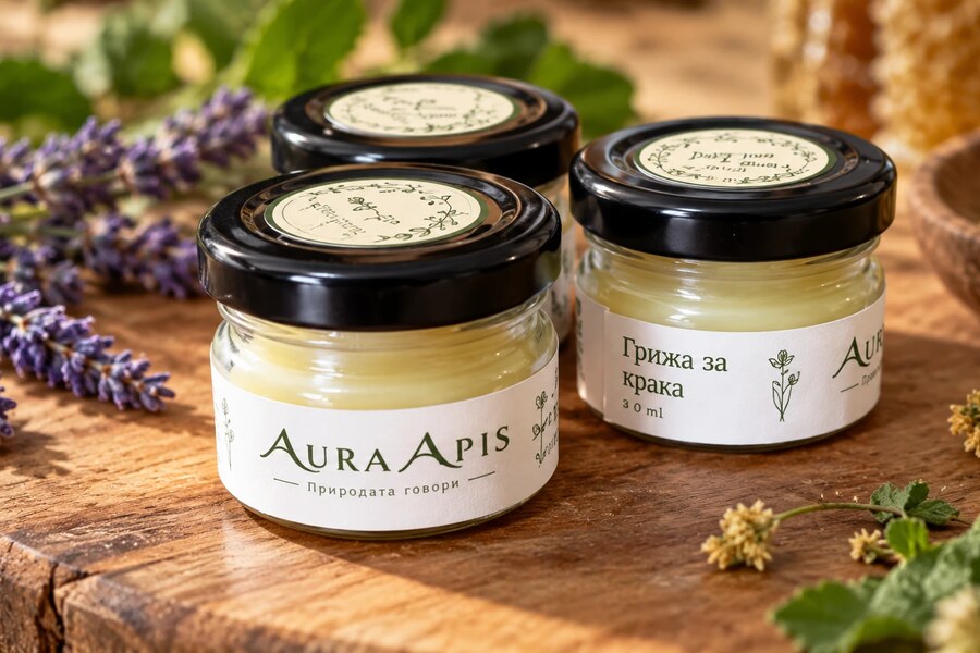 Буркан с мехлем Aura Apis върху дървен диск, между лавандула, розмарин и шишарка