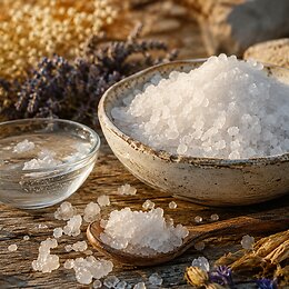 Купа с едри кристали морска сол, стъклена купичка и дървена лъжица